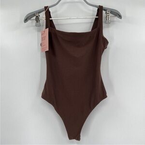 Quince Womens Brown Everyday Square Neck Bodysuit Thong - NWOT